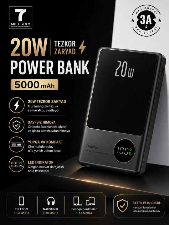Power Bank 7 Milliard 5000 mAh 20W tezkor zaryad 3A yupqa va ixcham LED displeyli - 