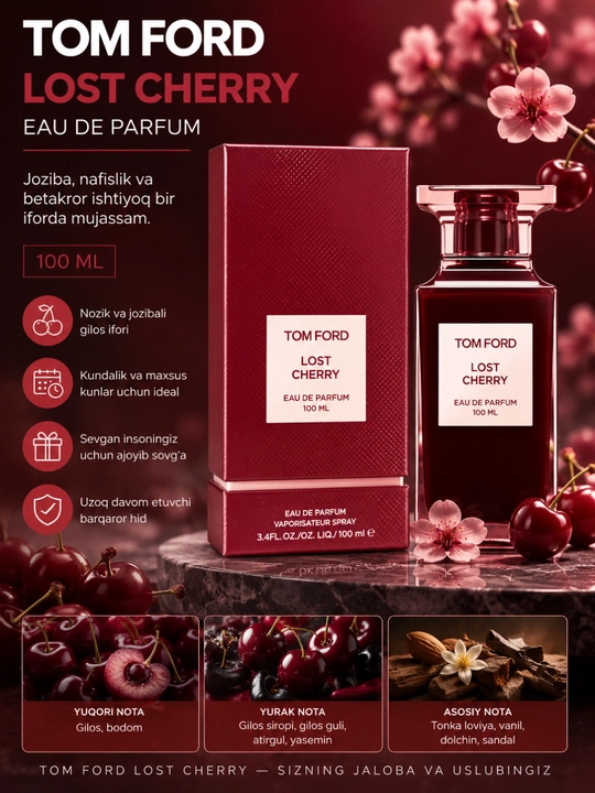 Tom ford Lost Cherry ayollar va erkaklar uchun sovg'a, parfyumlangan suvi, unisex, 100 ml