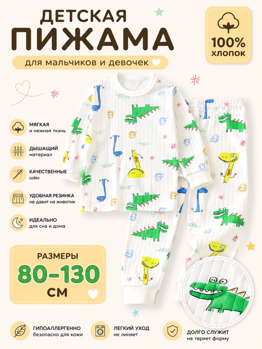 Детская пижама хлопковая с принтом, комплект для сна 80–135 см - 