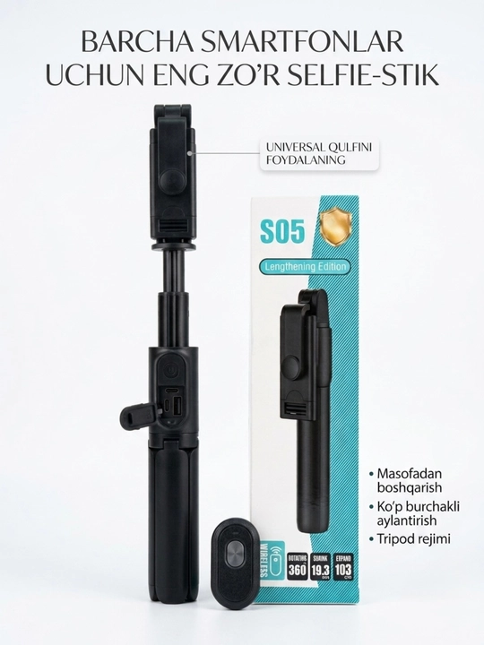 Selfi tayog'i tripod S05 103 cm bluetooth pultli monopod telefon va kamera uchun