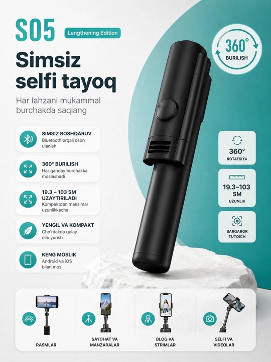 Selfi tayog'i tripod S05 103 cm bluetooth pultli monopod telefon va kamera uchun