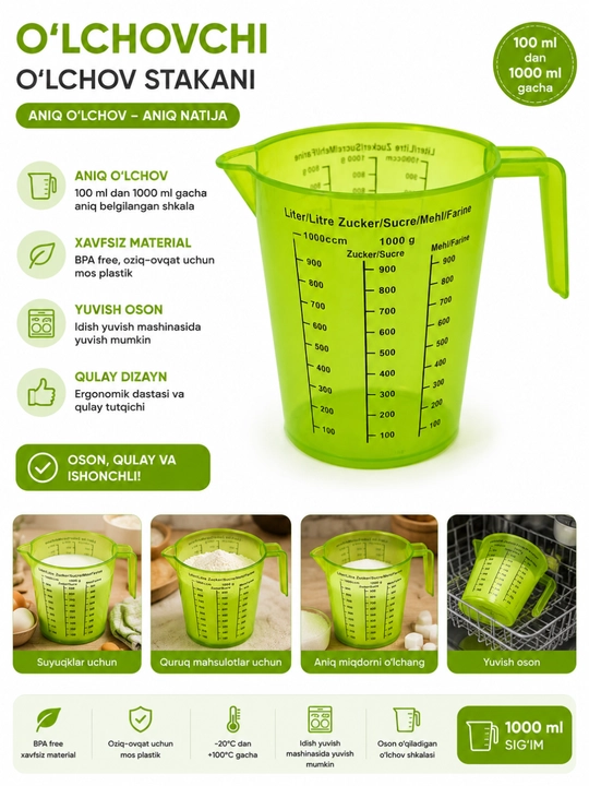1 L o'lchov stakani 1000 ml o'lchov krujkasi oshxona uchun BPA Free plastik