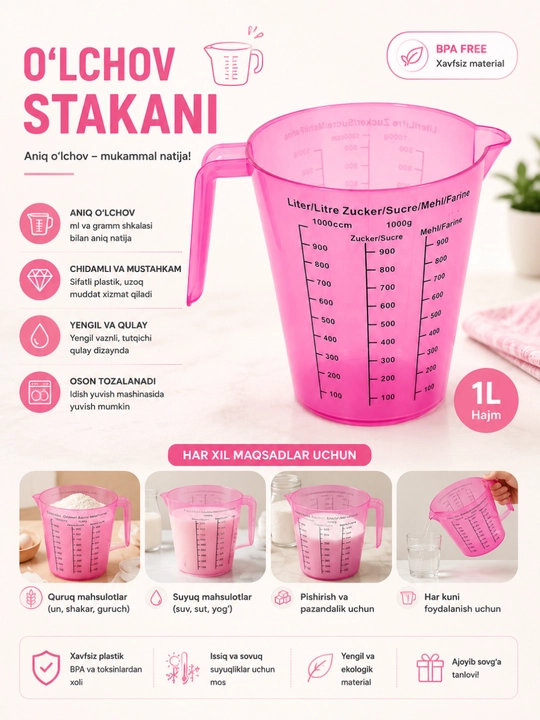 1 L o'lchov stakani 1000 ml o'lchov krujkasi oshxona uchun BPA Free plastik