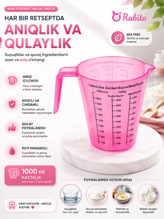 1 L o'lchov stakani 1000 ml o'lchov krujkasi oshxona uchun BPA Free plastik