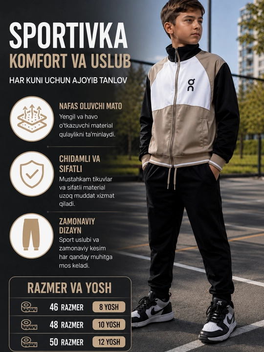O‘g‘il bolalar uchun sport kostyumi – Zamonaviy dizayn, qulay va sifatli, 8–12 yosh - 