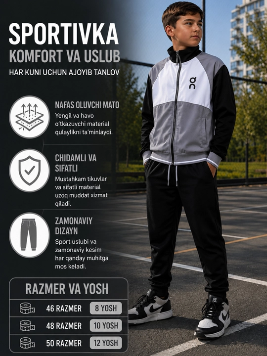O‘g‘il bolalar uchun sport kostyumi – Zamonaviy dizayn, qulay va sifatli, 8–12 yosh - 