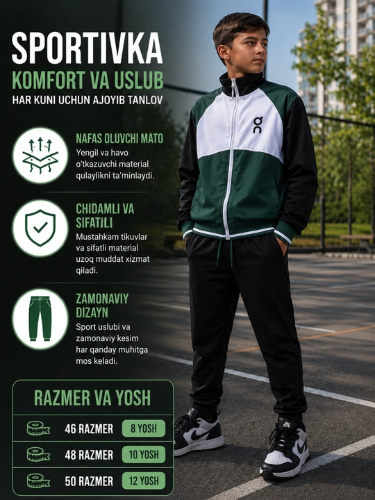 O‘g‘il bolalar uchun sport kostyumi – Zamonaviy dizayn, qulay va sifatli, 8–12 yosh - 