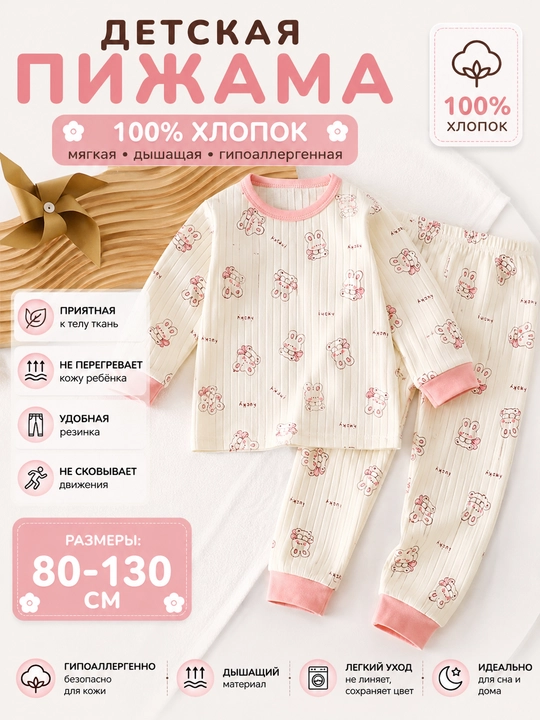 Детская пижама хлопковая с принтом, комплект для сна 80–135 см - 