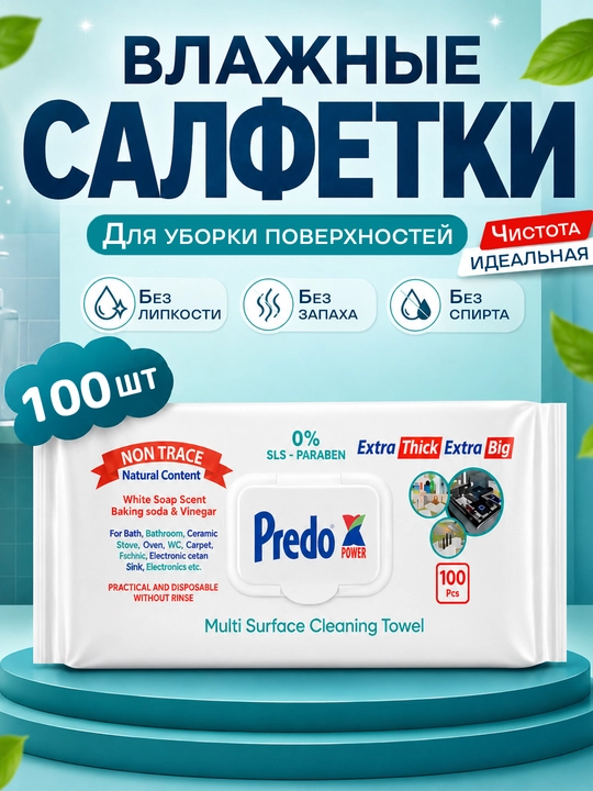 Влажные салфетки Predo Power для уборки 100 шт — без разводов, без спирта