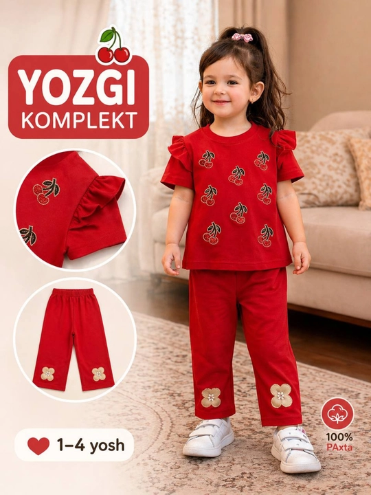 Yozgi qizlar komplekti – futbolka va shim, 100% paxta, 1–4 yosh - 