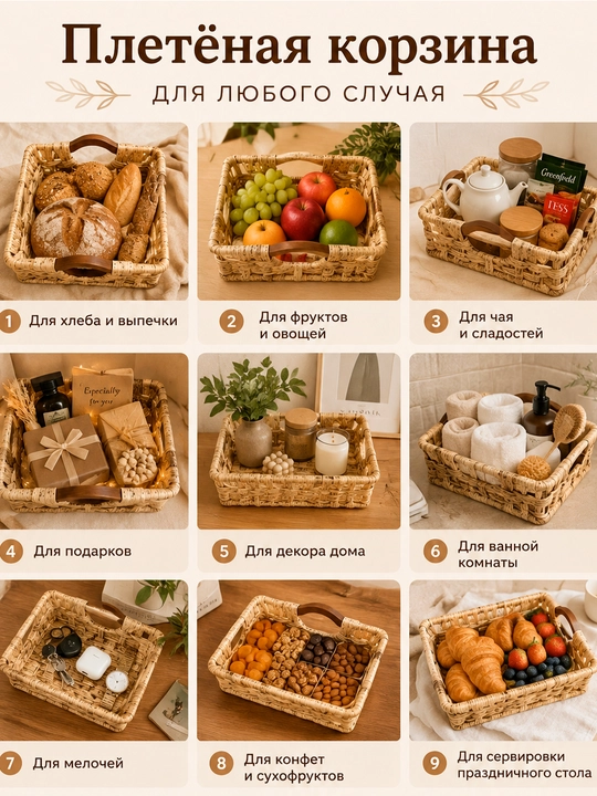 Плетёная корзина для хранения с деревянными ручками