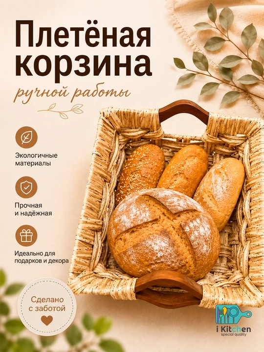 Плетёная корзина для хранения с деревянными ручками - 