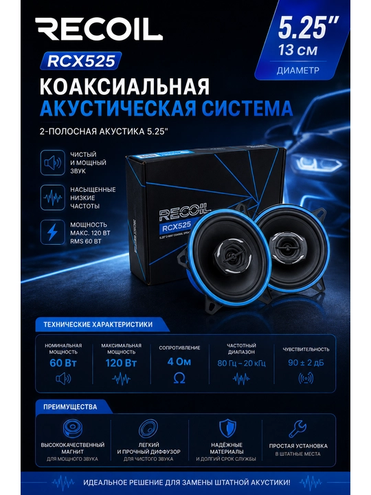 Коаксильные автомобильные динамики RCX525 Echo Series 5,25 дюймов - 