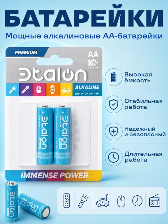 Батарейки Эtalon Alkaline Premium LR6, AA, 2*BL