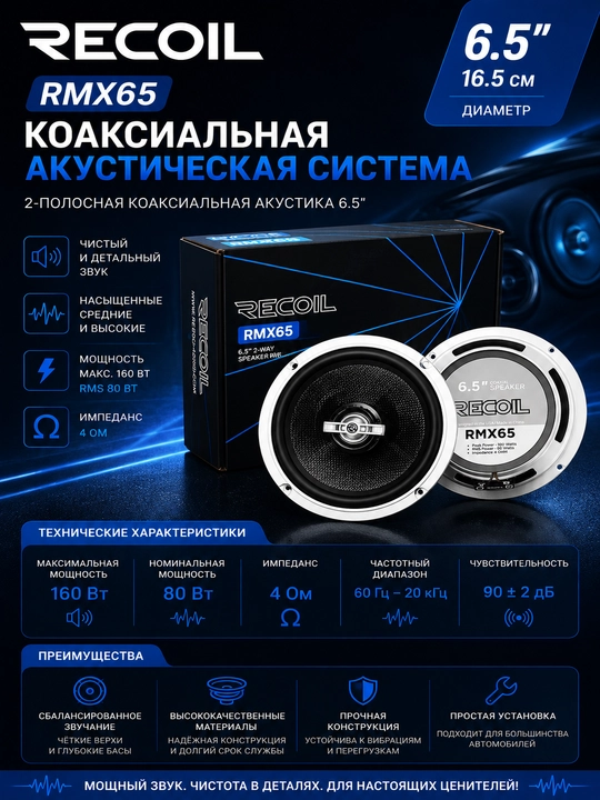 Коаксильная автомобильная акустическая система RMX65 Echo Plus Series 6,5 дюймов - 