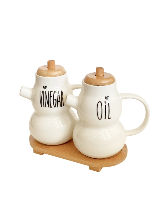 Yog‘ va sous uchun keramik dispenser, bambuk qopqoqli