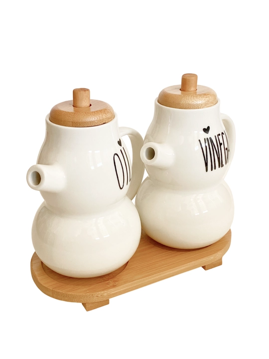 Yog‘ va sous uchun keramik dispenser, bambuk qopqoqli