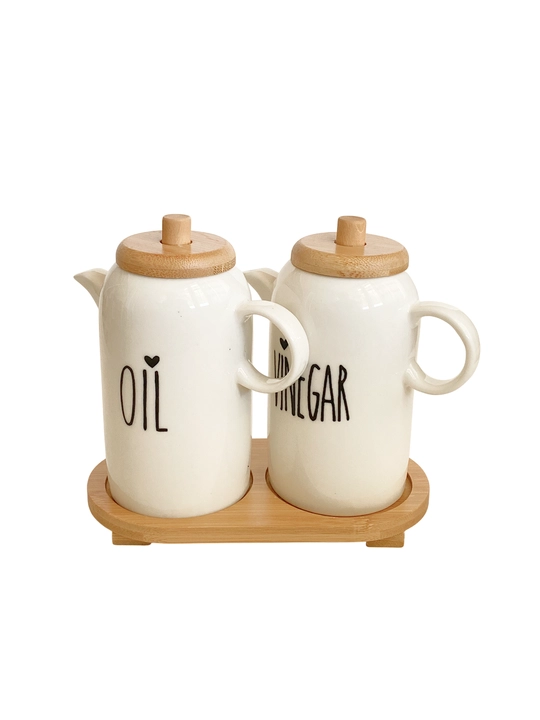Yog‘ va sous uchun keramik dispenser, bambuk qopqoqli