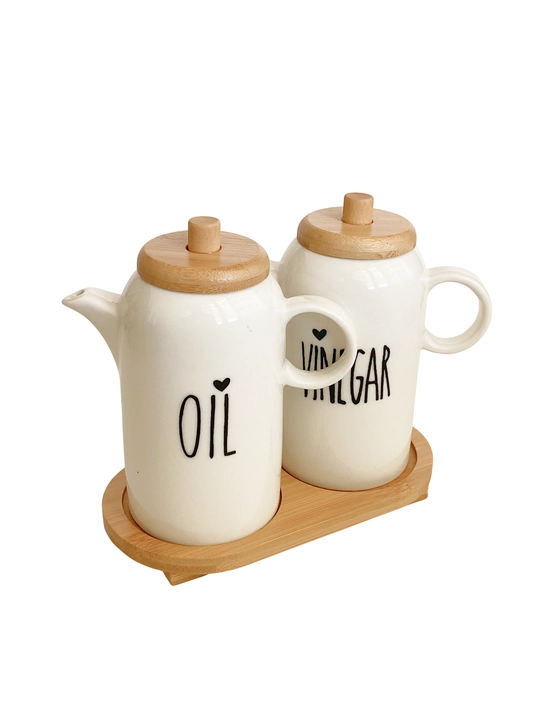 Yog‘ va sous uchun keramik dispenser, bambuk qopqoqli