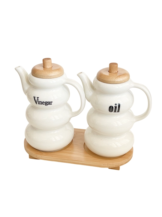 Yog‘ va sous uchun keramik dispenser, bambuk qopqoqli