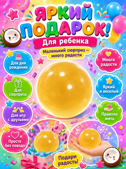 Сквиш шар кокос антистресс, 6 см, мягкая полупрозрачная мялка для рук, 1 шт