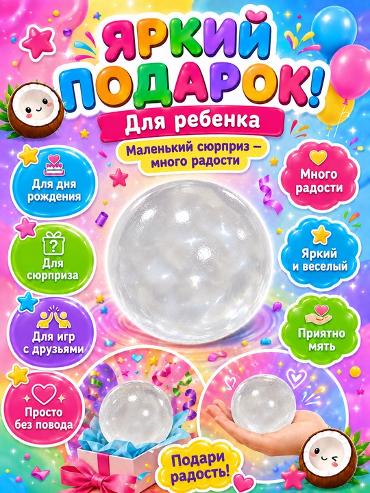 Сквиш шар кокос антистресс, 6 см, мягкая полупрозрачная мялка для рук, 1 шт