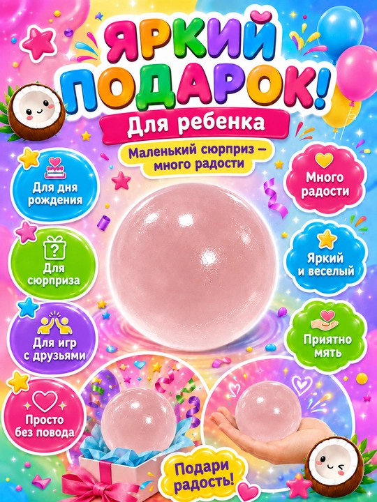 Сквиш шар кокос антистресс, 6 см, мягкая полупрозрачная мялка для рук, 1 шт