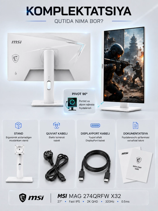 Monitor MSI MAG 274QRFW X32 27", 2K QHD, IPS, 320 Hz, 0.5 ms, HDR 400, oq