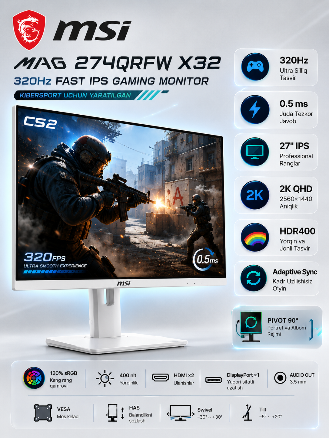 Монитор MSI MAG 274QRFW X32 27", 2K QHD, IPS, 320 Гц, 0.5 мс, HDR 400, белы - 