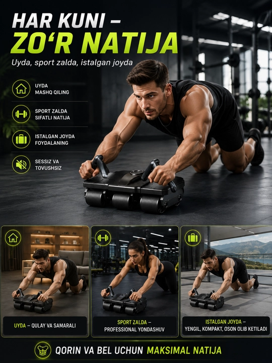 Fitnes trenajyeri ikki kishilik Roller, press va qorin mushaklari uchun, keng g'ildirakli - 