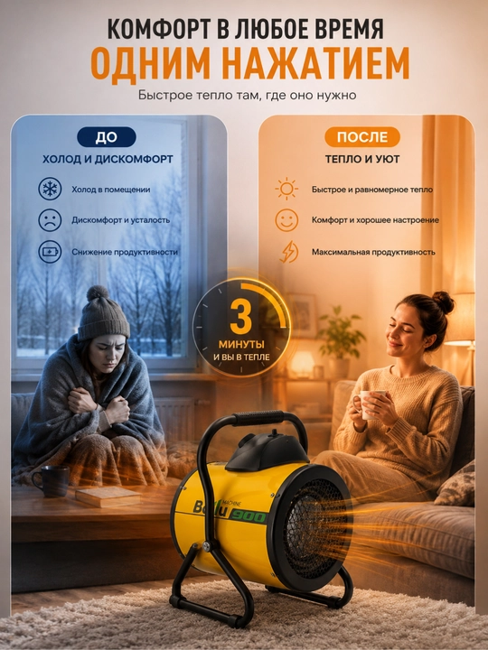 Ballu BHP-P2-3 elektr qurilish isitish pechkasi, 1500/3000 W, termostatli