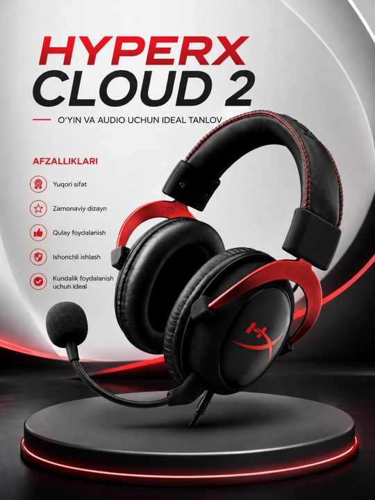 HyperX cloud 2, kompyuter, PS5, Xbox, noutbuk uchun stereo mikrofonli o‘yin garniturasi - 