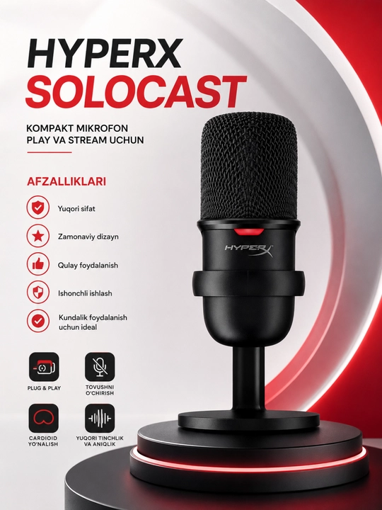 Hyperx solocast usb kondensator mikrofon streaming podcast gaming va yozuv uchun - 