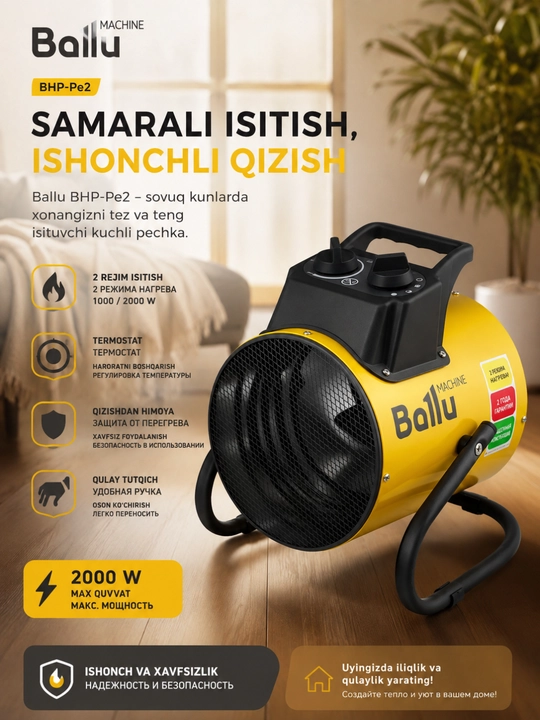 Ballu BHP-Pe2 elektr qurilish isitish pechkasi, 2 rejimli termostatli issiqlik ventilyator
