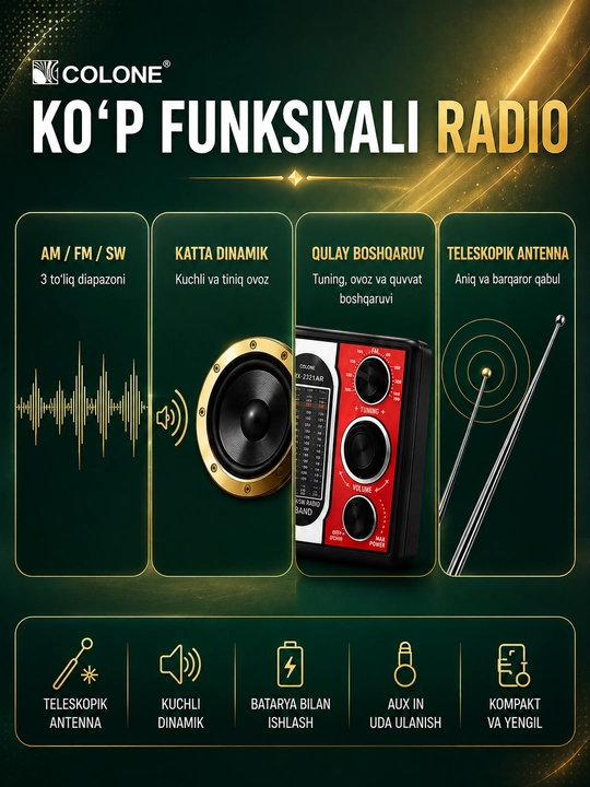 Radio GOLON RX-001UAR portativ radiopriyomnik Bluetooth FM AM SW USB SD qora