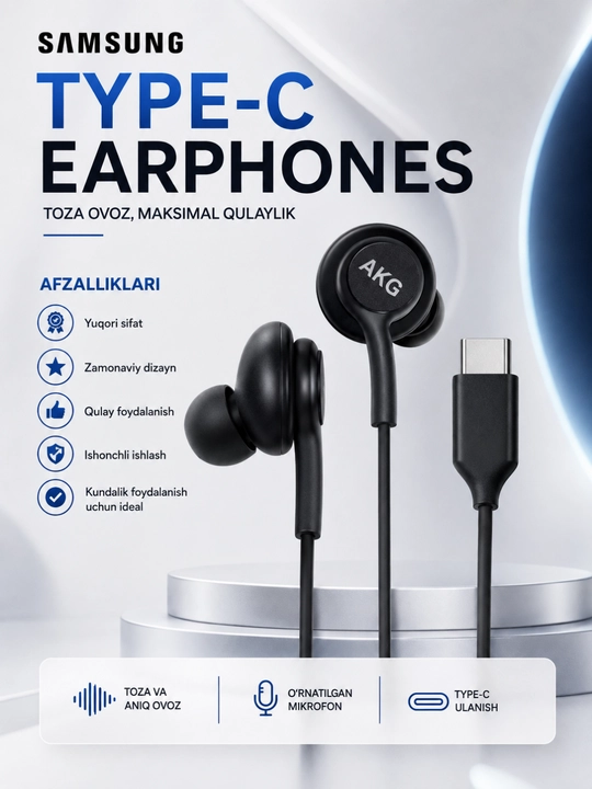 Samsung AKG Type-C simli quloqchinlari Hi-Fi stereo ovozi va shovqinni kamaytirish bilan - 