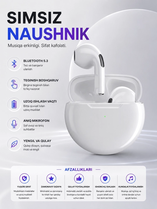 Pro 6 Bluetooth 5.3 simsiz TWS quloqchinlari sensorli boshqaruv va quvvatlash qutisi bilan - 