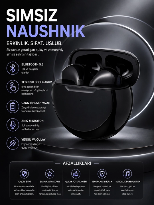 Pro 6 Bluetooth 5.3 simsiz TWS quloqchinlari sensorli boshqaruv va quvvatlash qutisi bilan - 
