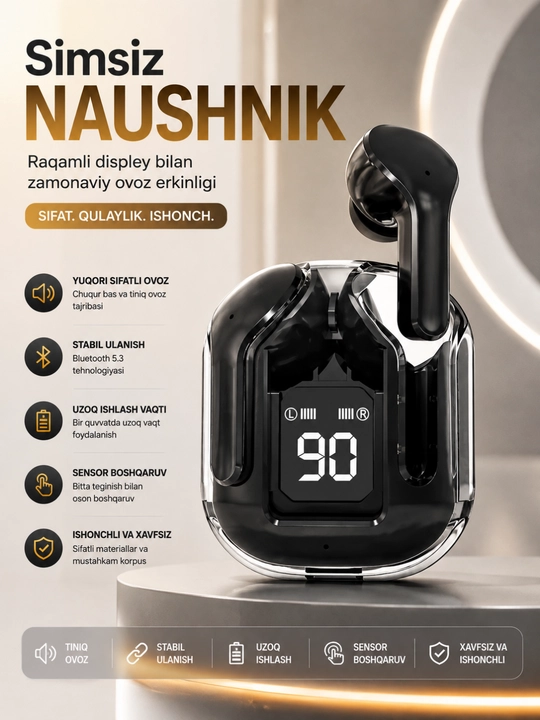 AIBT TWS Bluetooth 5.3 Simsiz Naushnik, LED Displeyli Type-C Zaryadlash Qutisi - 