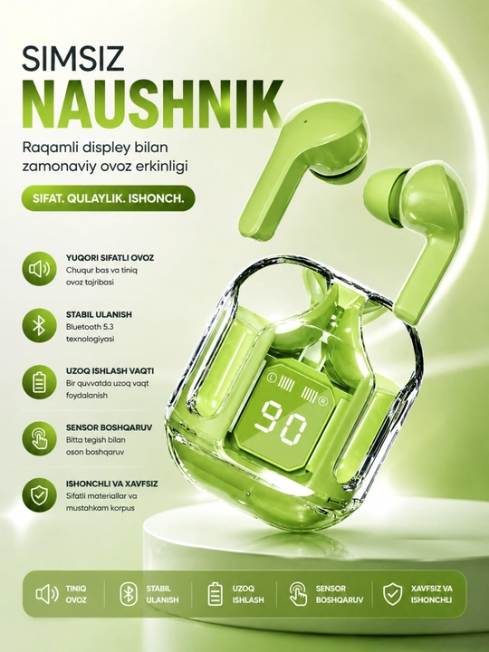 AIBT TWS Bluetooth 5.3 Simsiz Naushnik, LED Displeyli Type-C Zaryadlash Qutisi - 