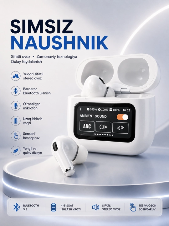 Simsiz Bluetooth Quloqlik – Sensor Boshqaruv, Bluetooth 5.3 va Smart Displeyli Quti - 