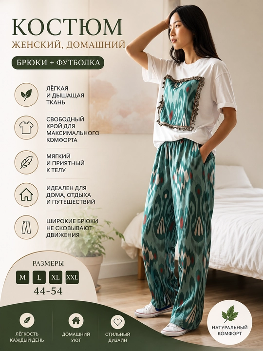 Ayollar kostyumi, shim bilan, yozgi, uy kiyimi - 