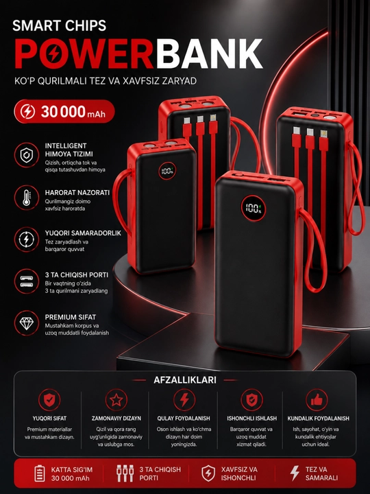 Power Bank 10000/20000/30000mAh 22.5W Tezkor Zaryadlash LED Display USB Portlar - 