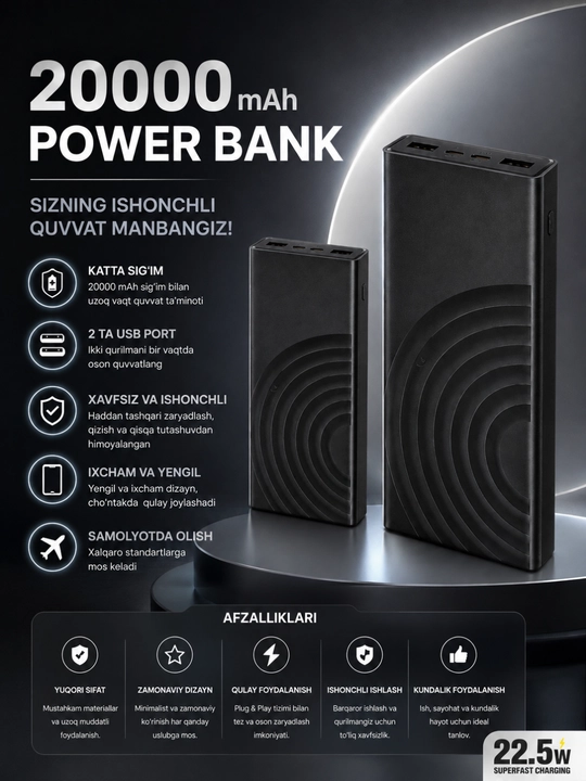 Power Bank 10000/20000/30000mAh 22.5W Tezkor Zaryadlash LED Display USB Portlar - 