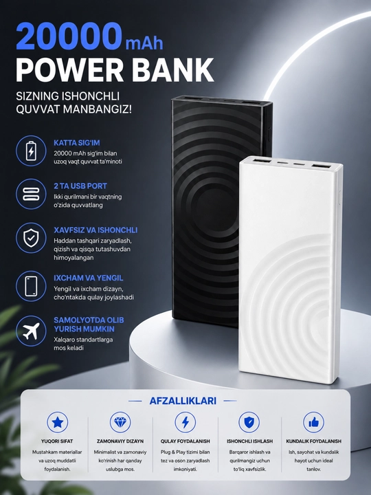 Power Bank 10000/20000/30000mAh 22.5W Tezkor Zaryadlash LED Display USB Portlar - 