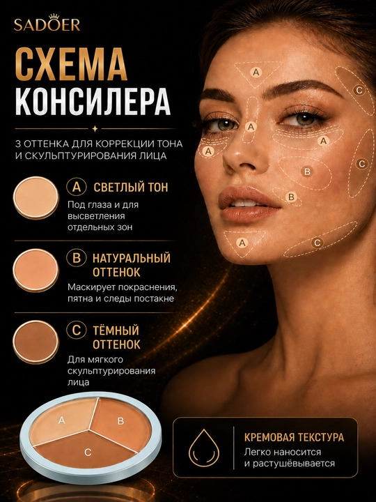 Кремовый консилер-корректор для лица SADOER, 3 цвета в 1 палетке, 10.5 г