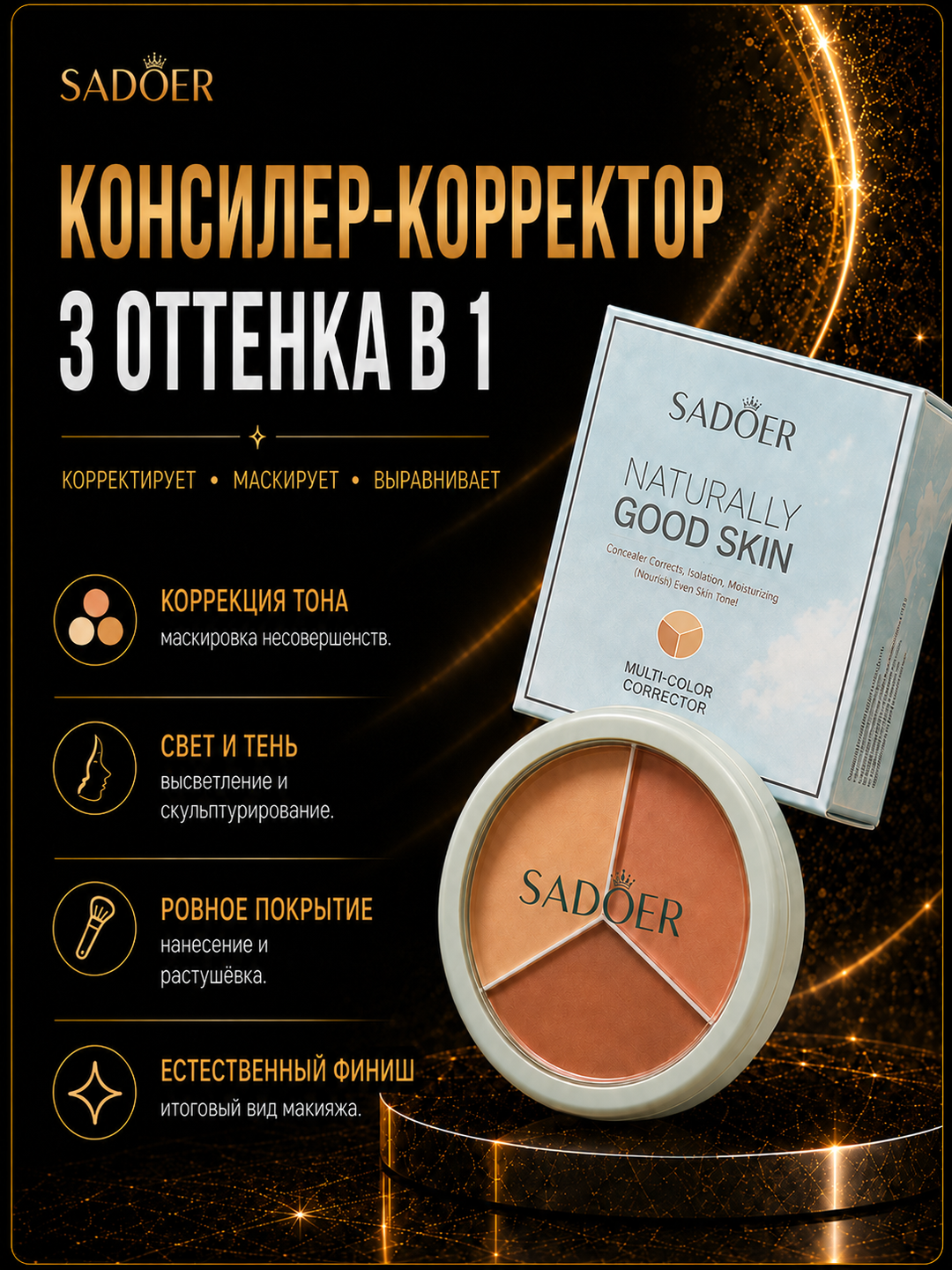 Кремовый консилер-корректор для лица SADOER, 3 цвета в 1 палетке, 10.5 г - 