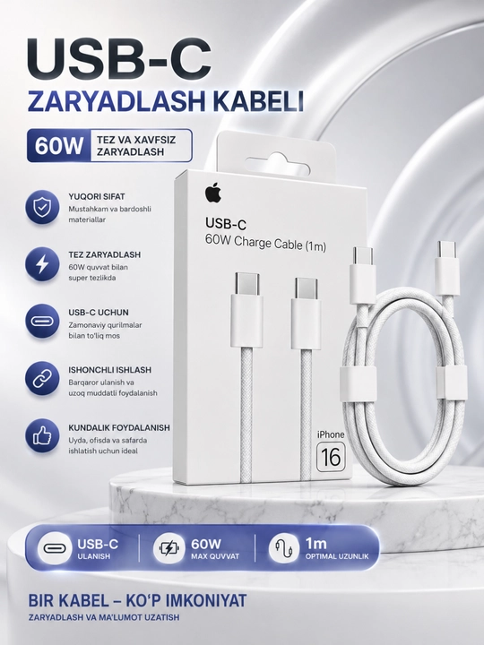 USB-C 60W tezkor zaryadlovchi kabel (1 metr) - 