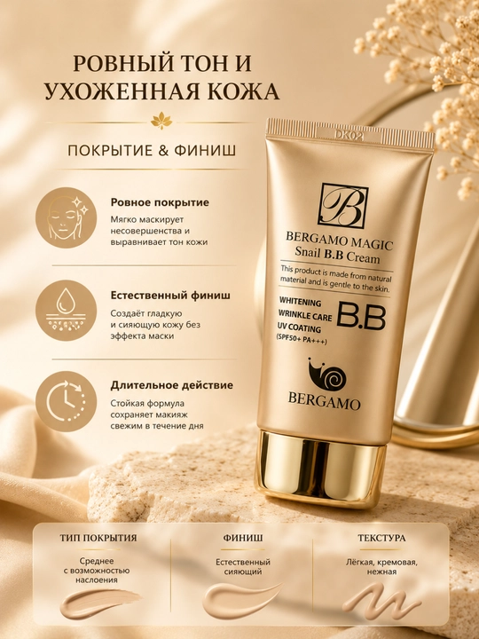Bergamo yuz uchun tonal BB krem, salyangoz mutsini bilan, SPF50+ PA+++