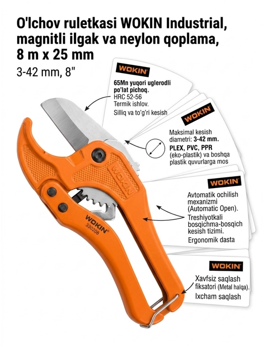 WOKIN 330208 plastik quvur keskich, 3-42 mm, 8", avtomatik ochilish - 